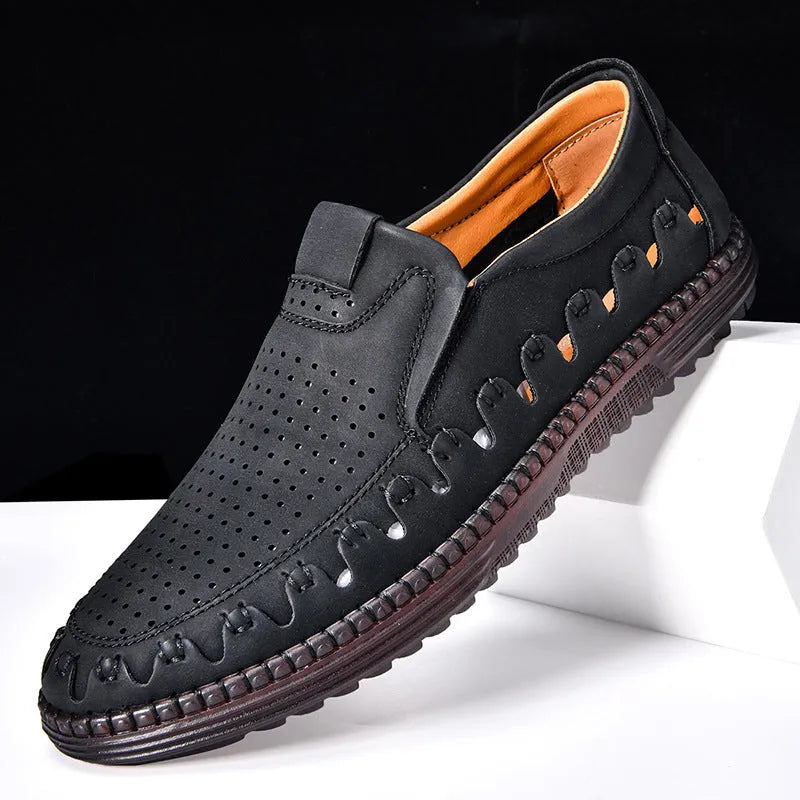 Men's brown slip-on casual shoes with round toe, sewing line detail, and flat PVC sole.