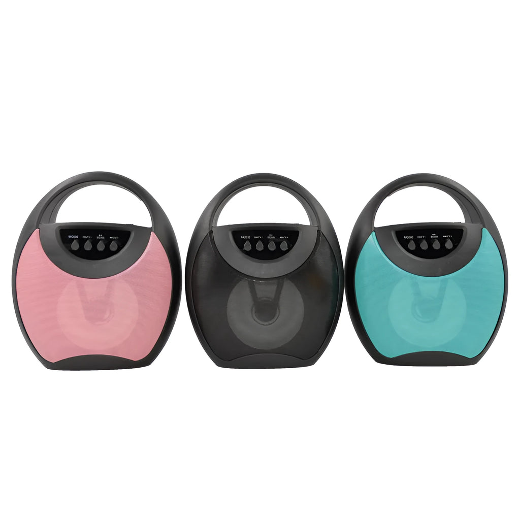 Portable Bluetooth speaker in black plastic casing with USB port and control buttons