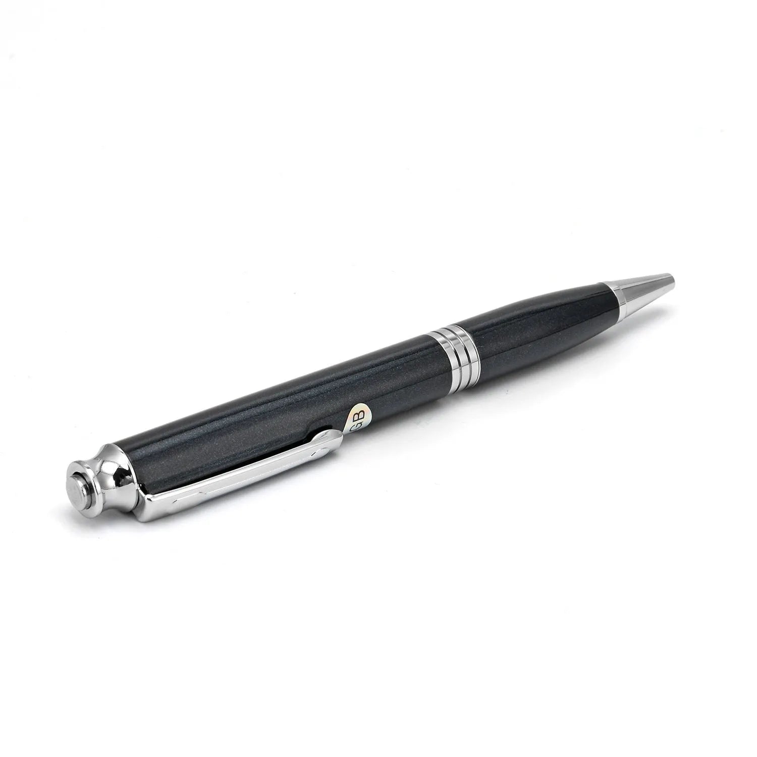 Black USB voice recorder pen measuring 120mm long, shown next to a ruler for scale.