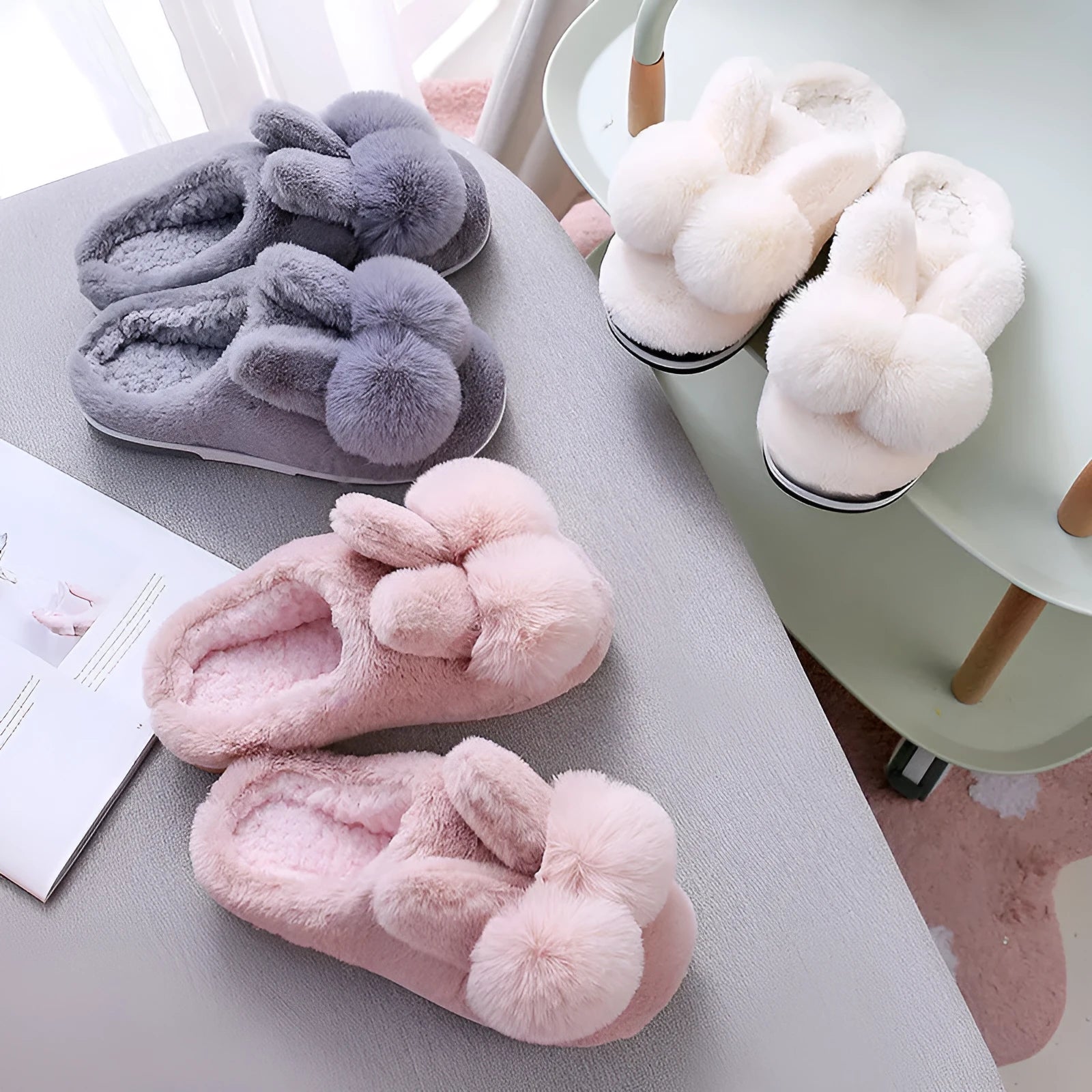Women's high-top bunny slippers in creamy white with rabbit fur upper and floral detail.