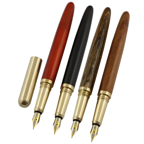African rosewood vintage brass wood fountain pen with rotary piston and stainless steel nib on white background