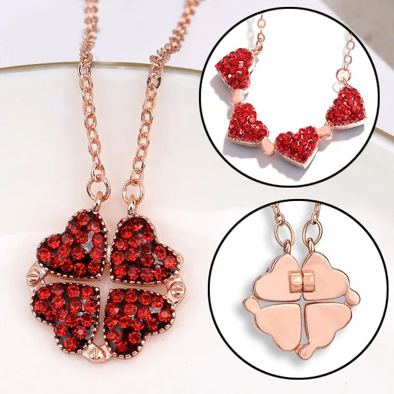 Rose gold tone foldable leaf pendant necklace with red inlaid drill detail and adjustable 21cm to 50cm alloy chain