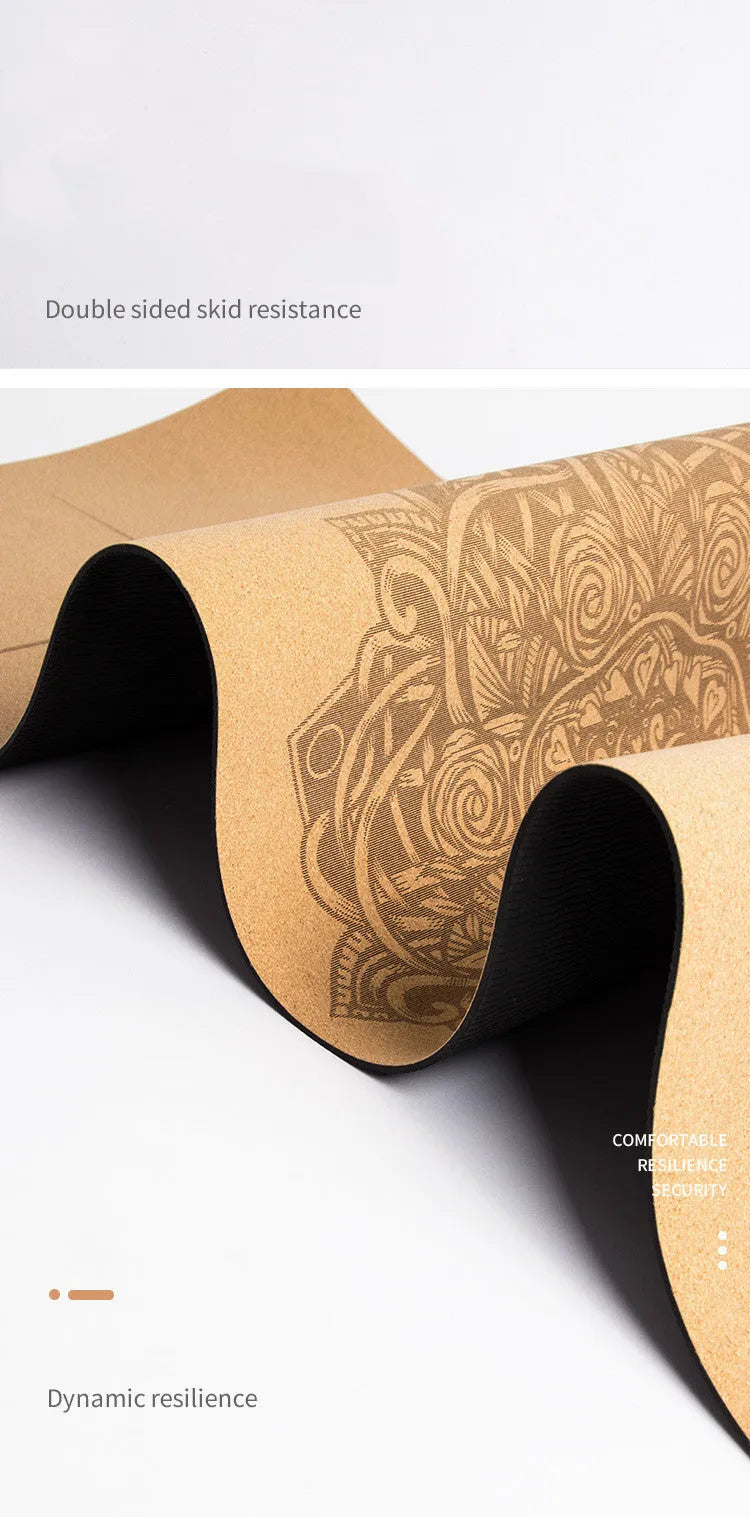 Cork yoga mat 183cm x 66cm x 6mm with black cork surface and TPE bottom layer.