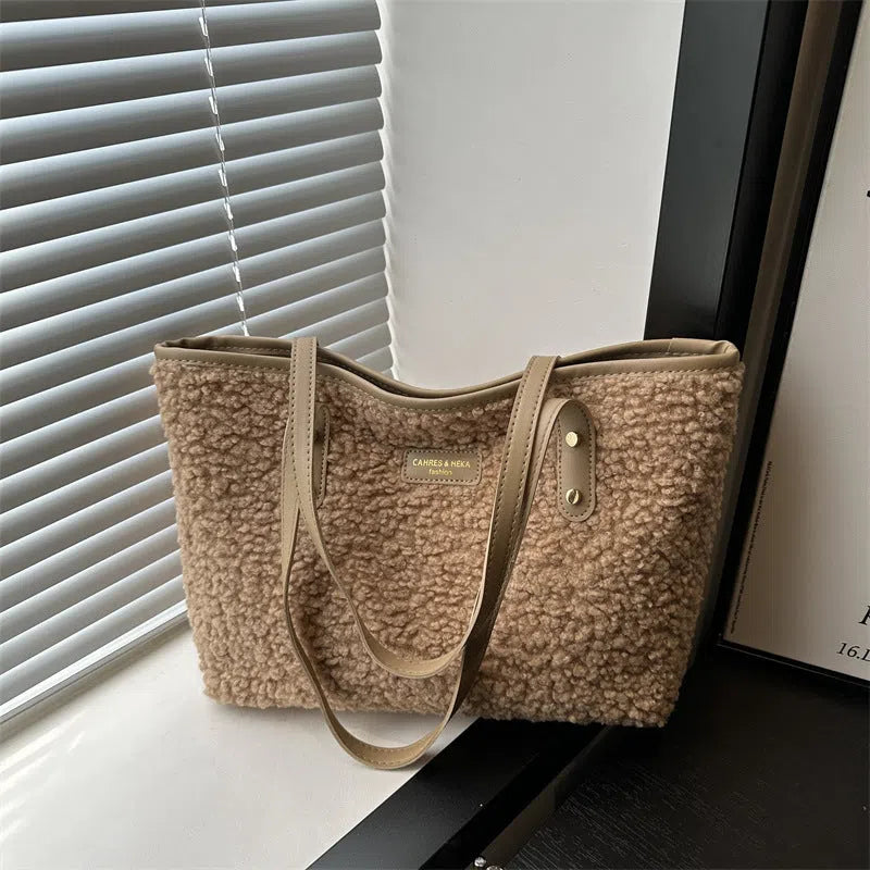 Cotton colour block bucket bag with phone pocket in beige colour option