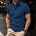 Men's solid colour short sleeve polo shirt with buttoned lapel in a cotton blend fabric.