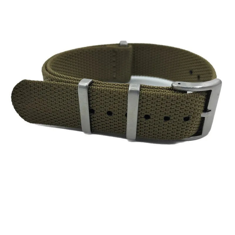 Integrated nylon watch strap in army green colour for 20mm or 22mm watch lugs.