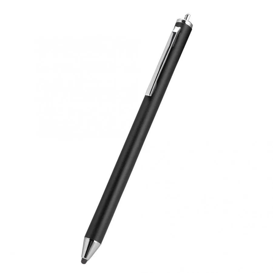 Black passive capacitive stylus with a fine 1.5mm metal tip on a tablet screen