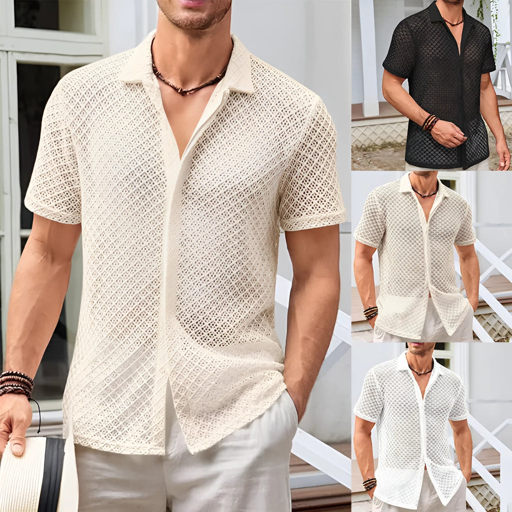 Men's mesh short sleeve shirt with lapel collar in cotton-blend fabric