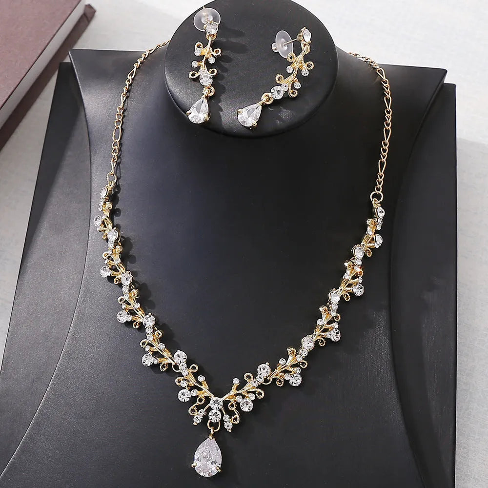 Bridal rhinestone zircon earring and necklace set in alloy, inlaid diamond finish, three colour options silver white gold white black