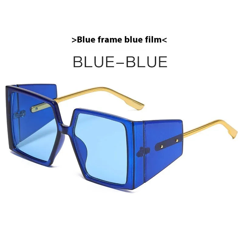 Large square frame sunglasses with UV400 lenses in black and grey colour option on a plain background.