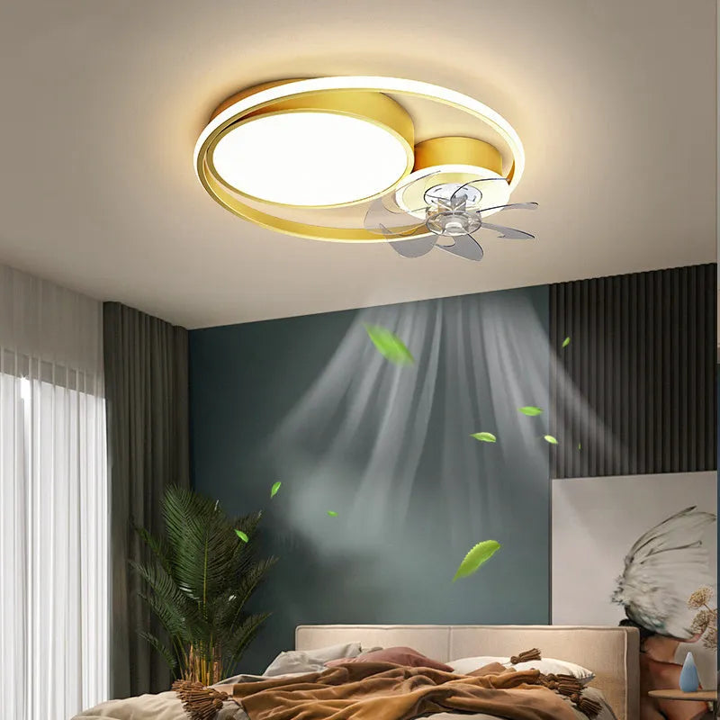 Nordic style 48cm ceiling fan with integrated light fitting, metal blades, acrylic lampshade.