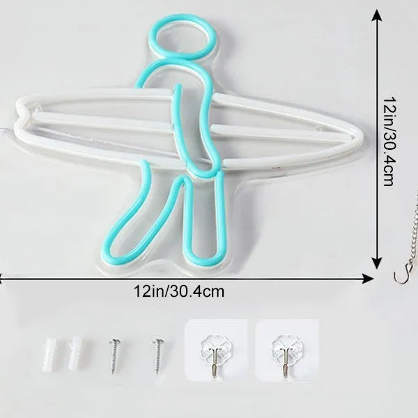 Abstract surfer neon sailboat acrylic plate wall decoration with 5V power and IP65 rating.