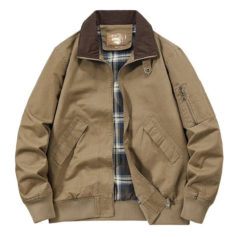 Men's beige washed cotton baseball jacket shown on a model, plus sizes up to 5XL.
