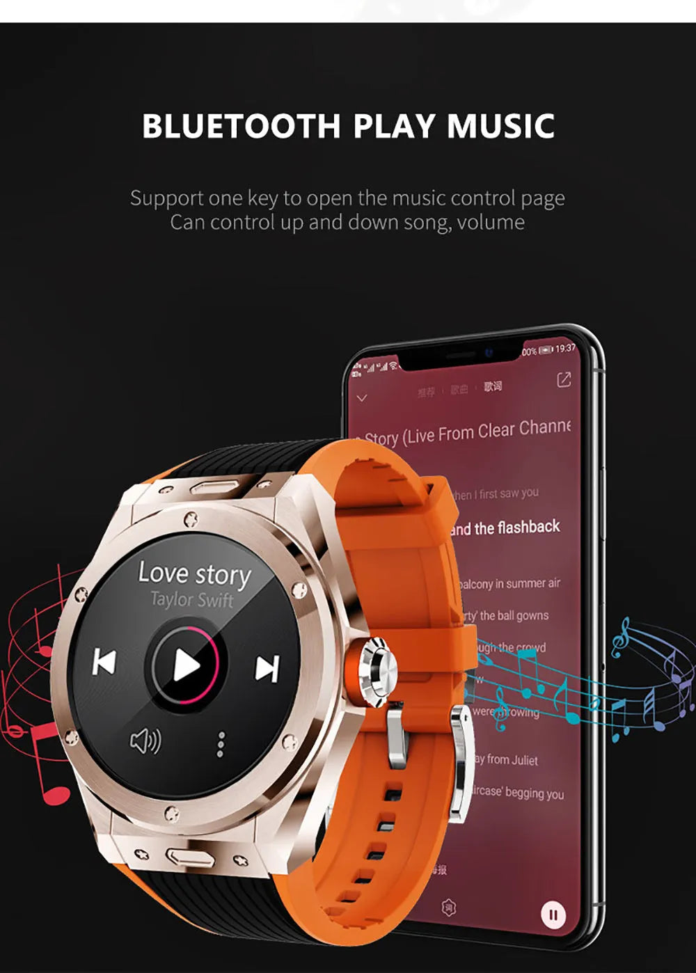 MV58 black Bluetooth smart watch with silicone strap on a wrist, showing call and health tracking display.