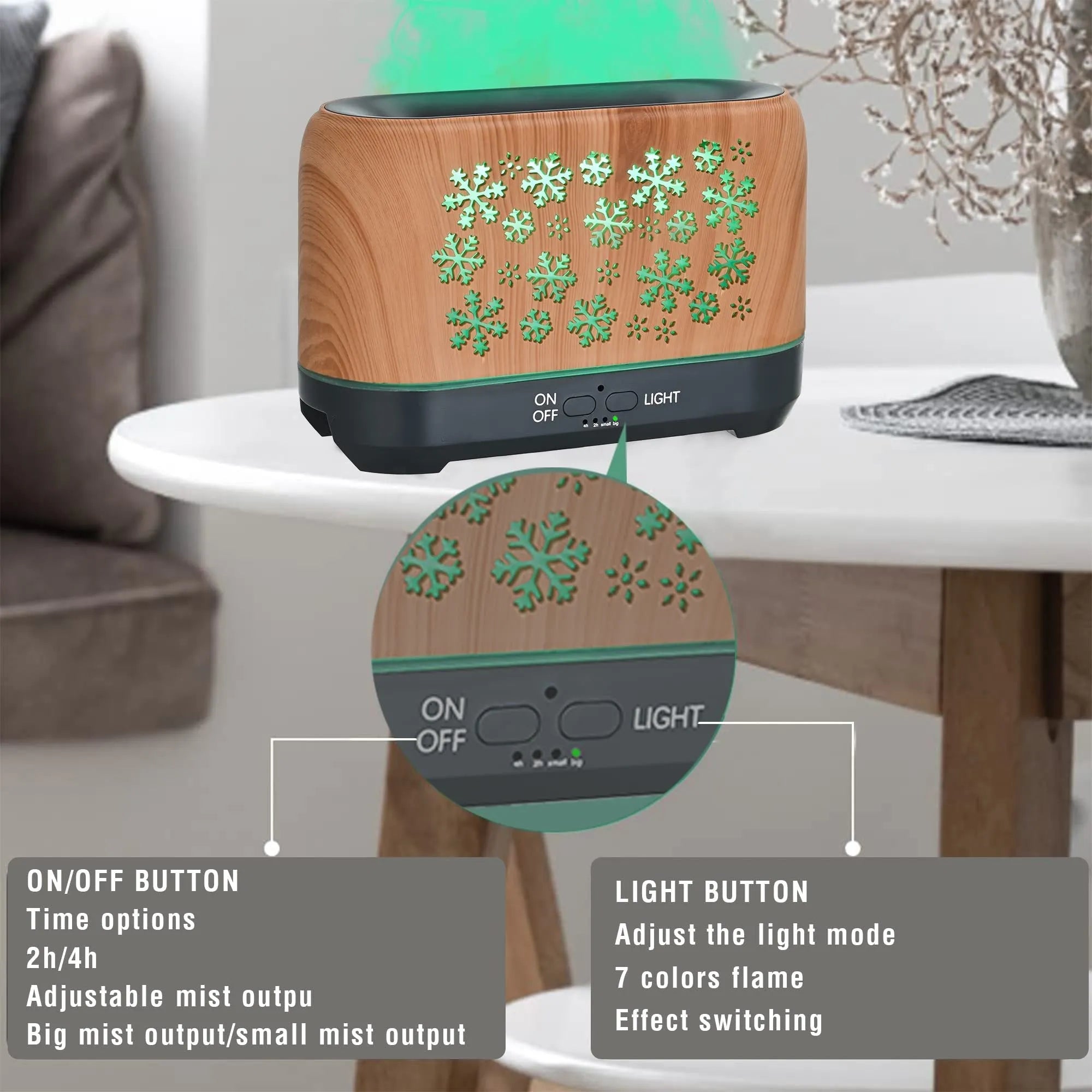 Square desktop aromatherapy humidifier with colourful snowflake wood grain pattern and flame effect lighting