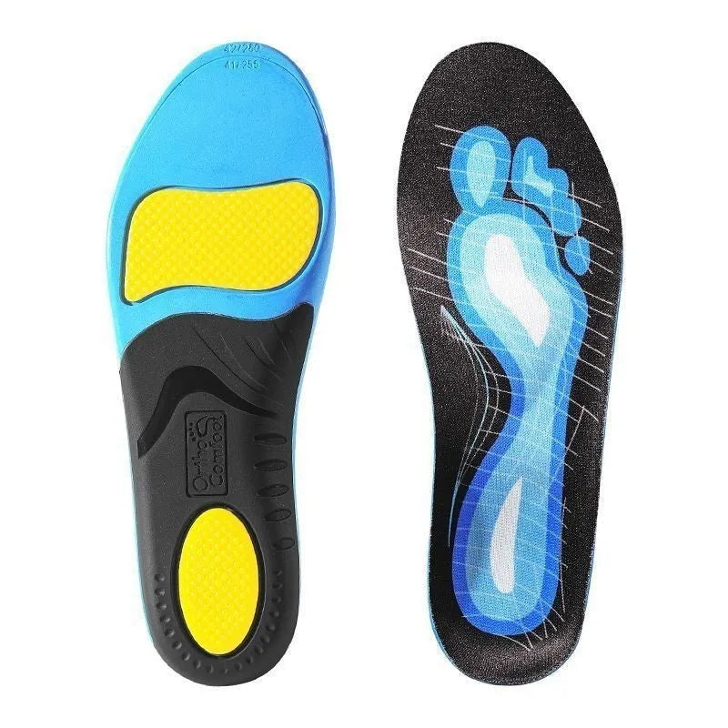 Blue and green PU flat foot correction insoles for men and women, shown in universal size ranges.