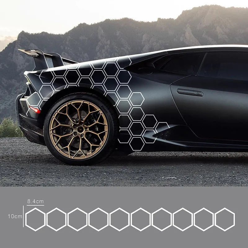 Reflective car body stickers in hexagon pattern, 8.4x10cm each, 10-pack, black white red colourful options