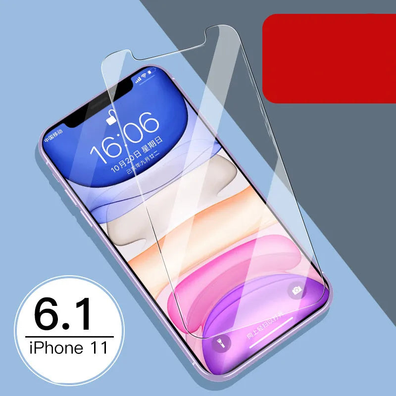 Tempered glass screen and rear protector film for Apple iPhone models on a table.