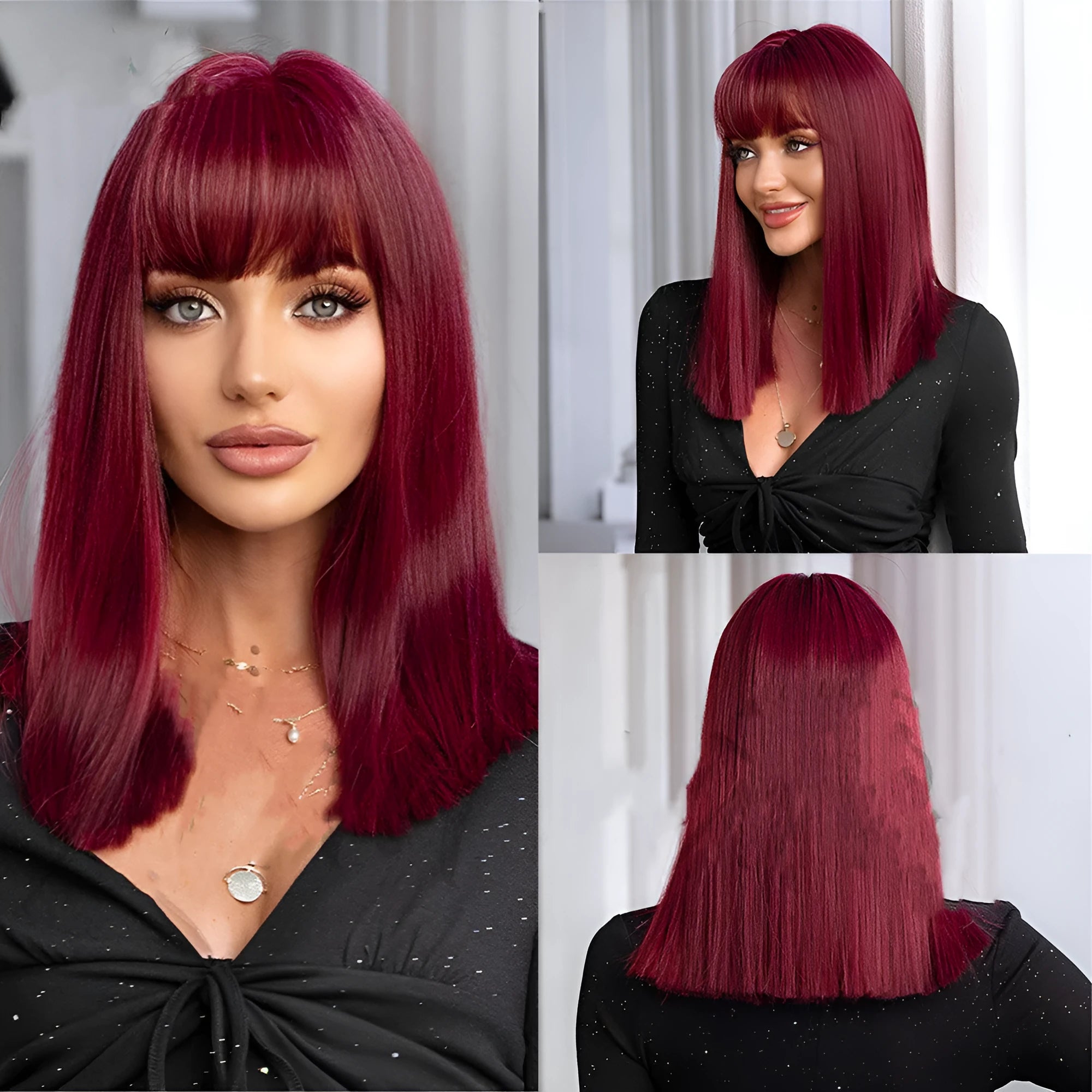 Plant green straight hair wig with bangs on a display head, Qi bangs feature, colour LC4771