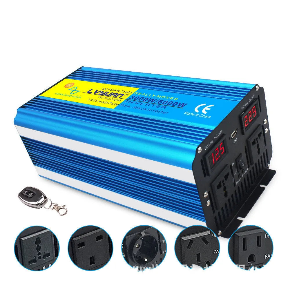 Blue 3000W pure sine wave car power inverter with digital display and remote control for UK sockets