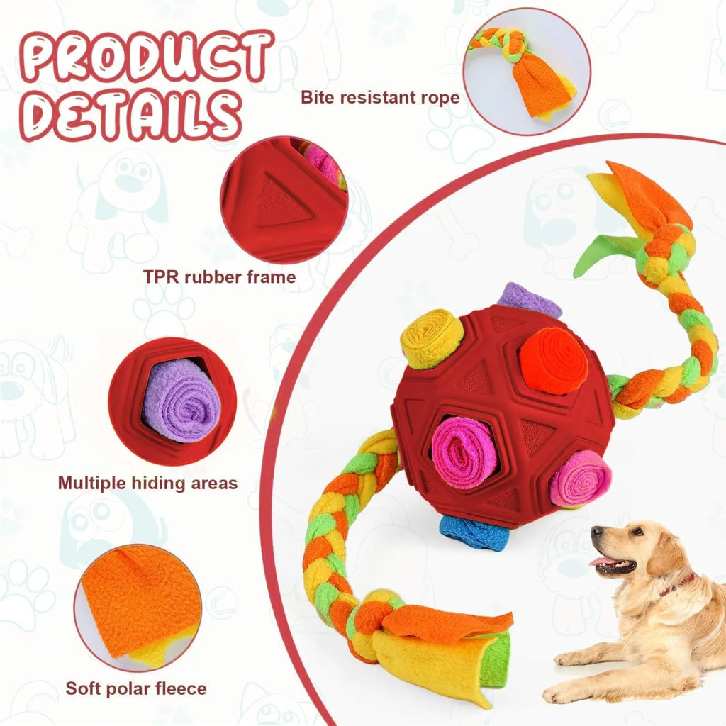 Pet sniffing ball dog puzzle toy in multiple colours including blue, green, orange, pink, purple, red, yellow and red-green