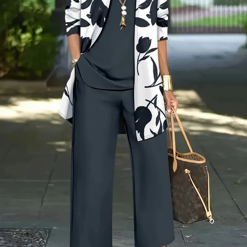 Women's blue printed three-piece suit with coat, vest, and trousers in Japanese-Korean casual style