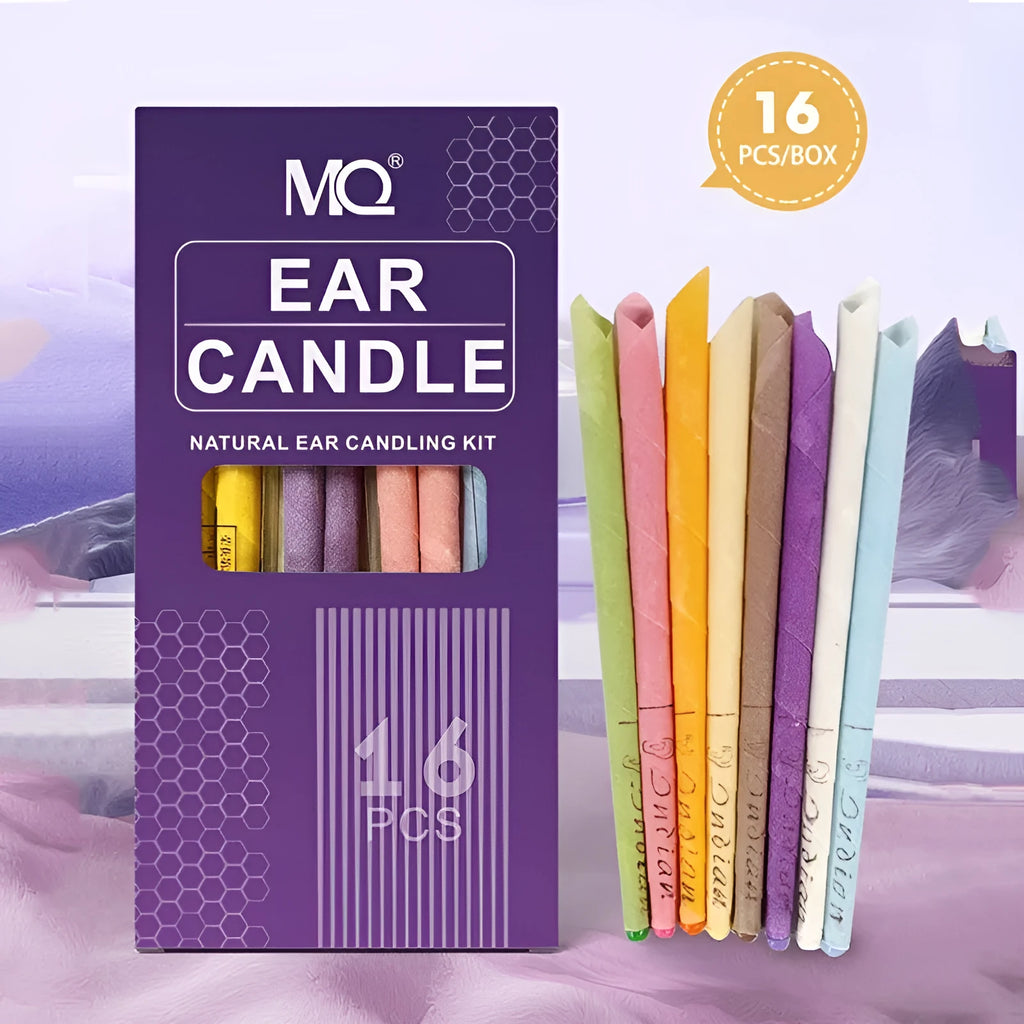 MQ horn colour ear candle set showing 16 candles, 8 protection boards and 16 cotton swabs in box