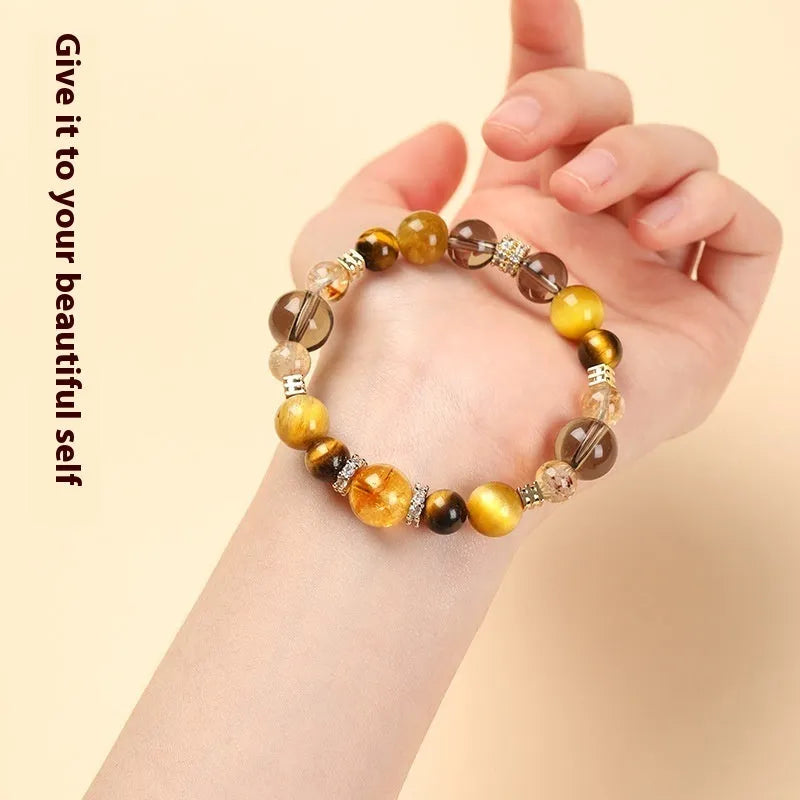 Jinba geometric tiger-eye crystal bracelet in natural yellow showing 10mm and 12mm size options
