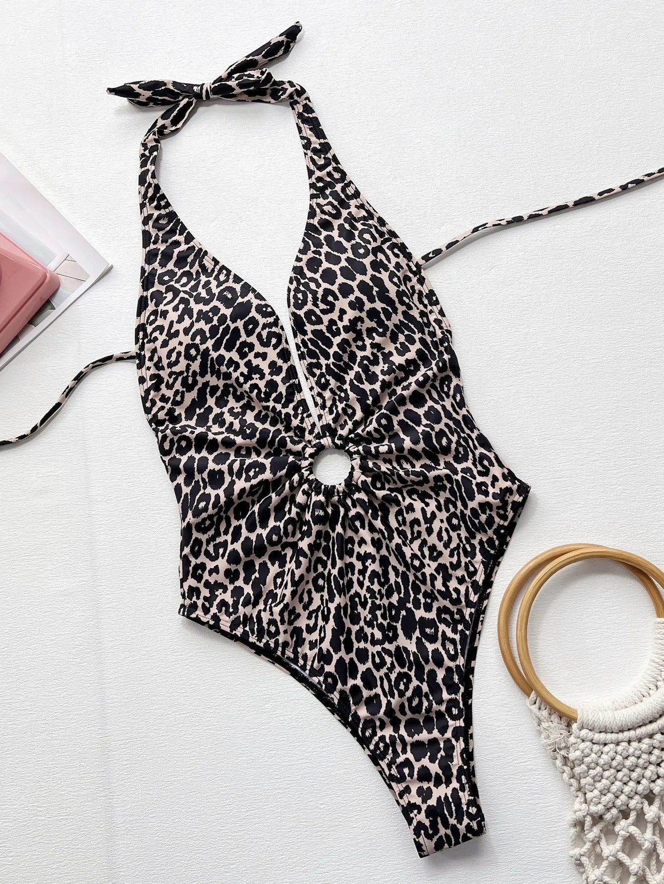 Leopard print one-piece swimsuit for women with hollow-out ring design detail
