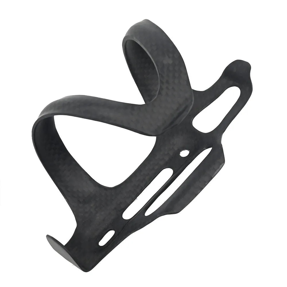 Black carbon fibre side-pull bicycle water bottle cage showing mounting holes and bottle grip.