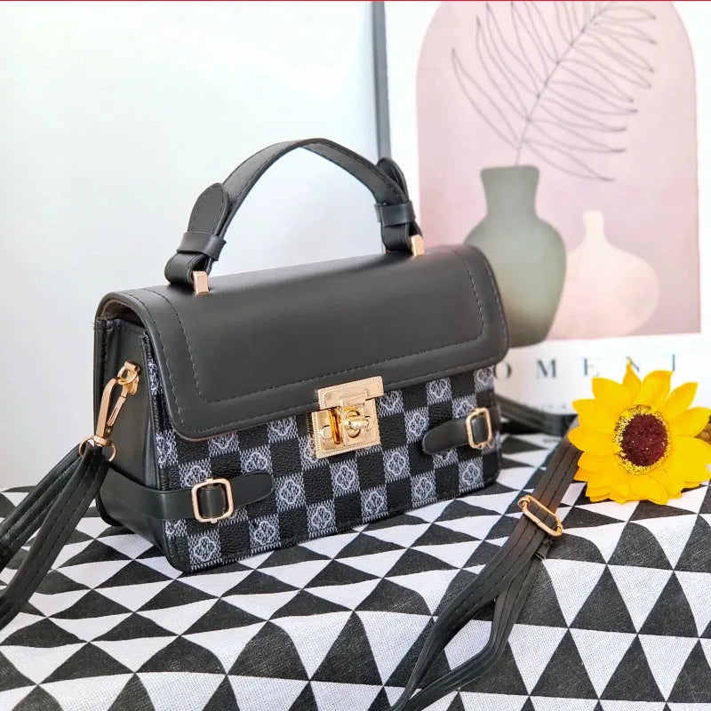 Retro small square PU leather crossbody bag with floral embroidery and plaid pattern in apricot colour.