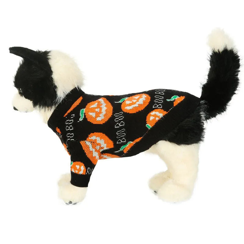 Black dog sweater with orange pumpkin pattern for Halloween pet costumes