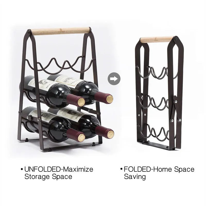 Iron desktop wine rack black with two wine bottles on kitchen countertop