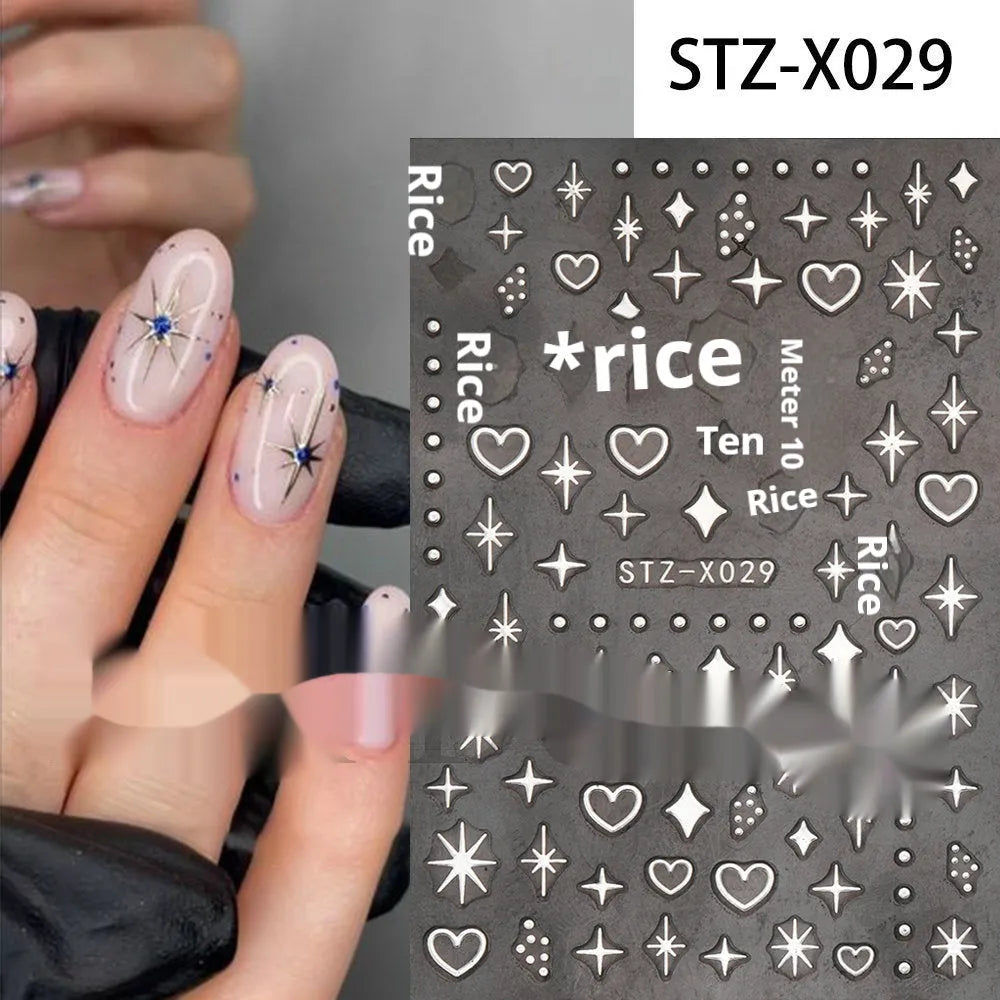 Cartoon-themed nail art sticker sheet with black and silver strip patterns and love motifs