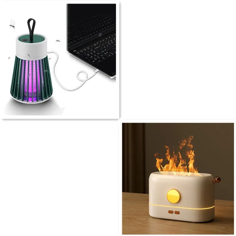 USB desktop humidifier with simulation flame effect and 200ml water tank in black, green or white colours