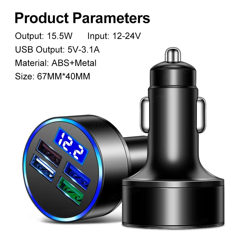 Black four-port USB car charger with cigarette lighter plug for vehicle power socket