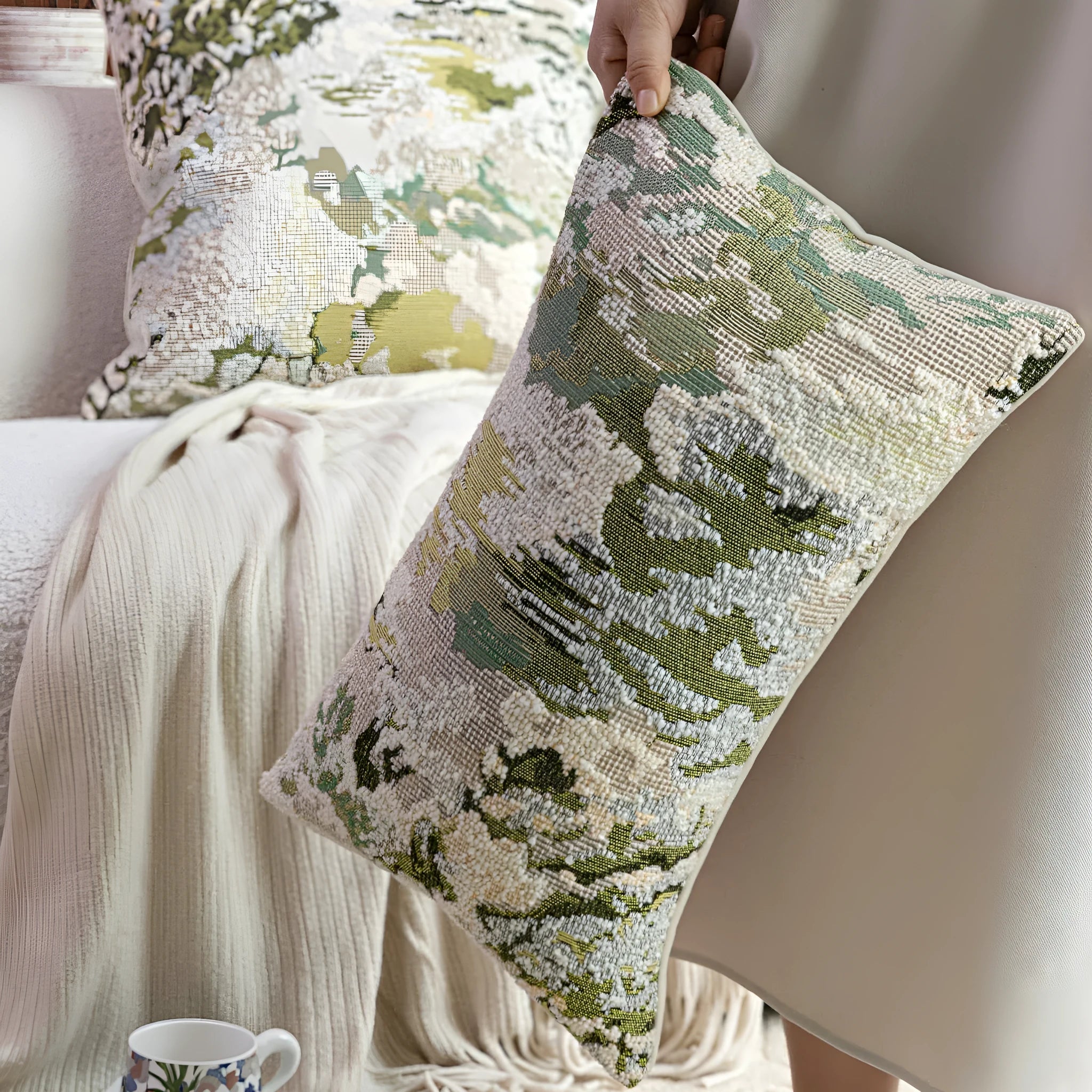 Antique green wool blend pillow case with abstract plant and flower pattern, shown in 50×50cm square size.