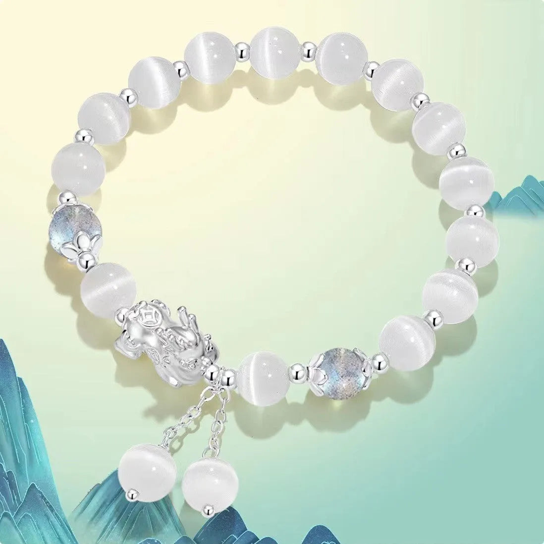 Handmade natural black agate couple bracelet with 10mm wave-shaped beads and gray moonlight stones