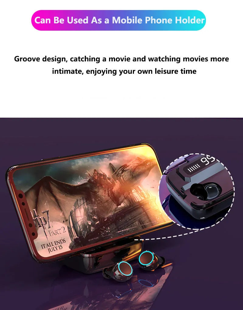 Black M11 Bluetooth wireless headset with digital display and mobile phone holder.