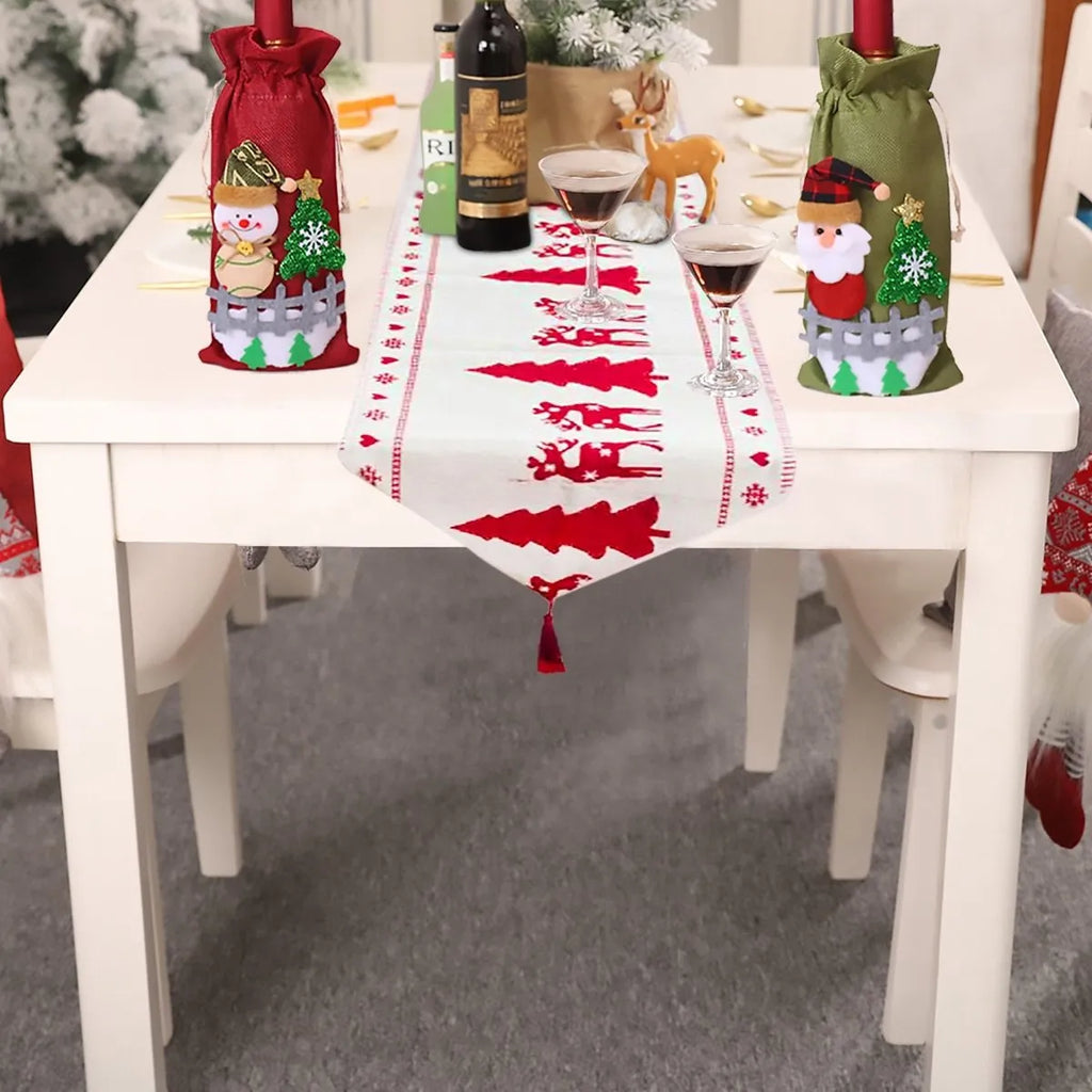 Christmas table runner with elk and snowman design on cotton linen fabric