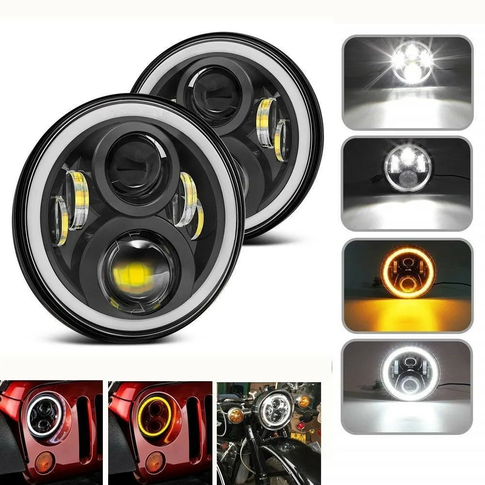 7 inch round LED headlight with angel eyes, black die-cast aluminium housing, polycarbonate lens, 6500K colour temperature