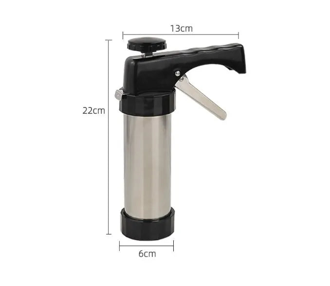 Stainless steel biscuit press cookie machine with 13 moulds and 8 piping nozzles in a colour gift box