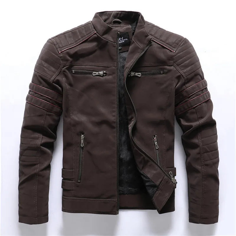 Men's vintage washed PU leather jacket with stand-up collar and zipper pockets, shown in army green