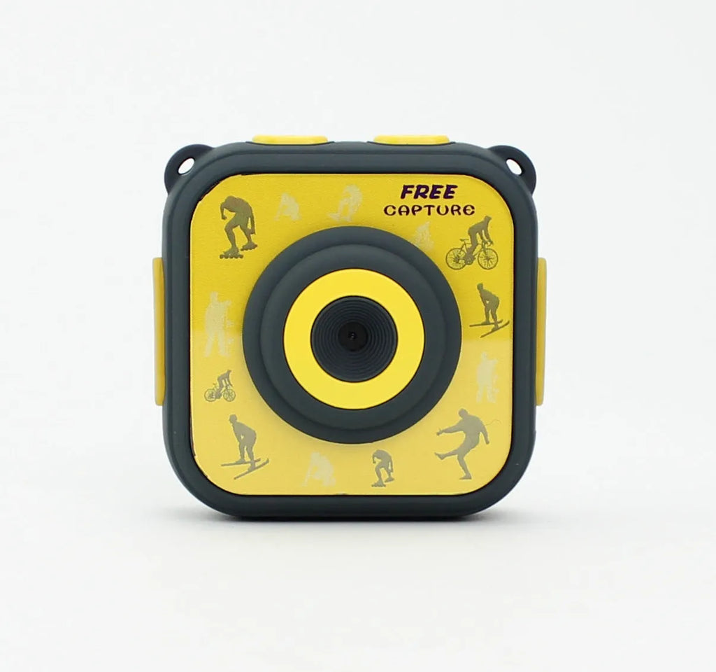 Yellow children's waterproof sports camera with 1.77-inch screen showing dimensions of 60x60x25mm