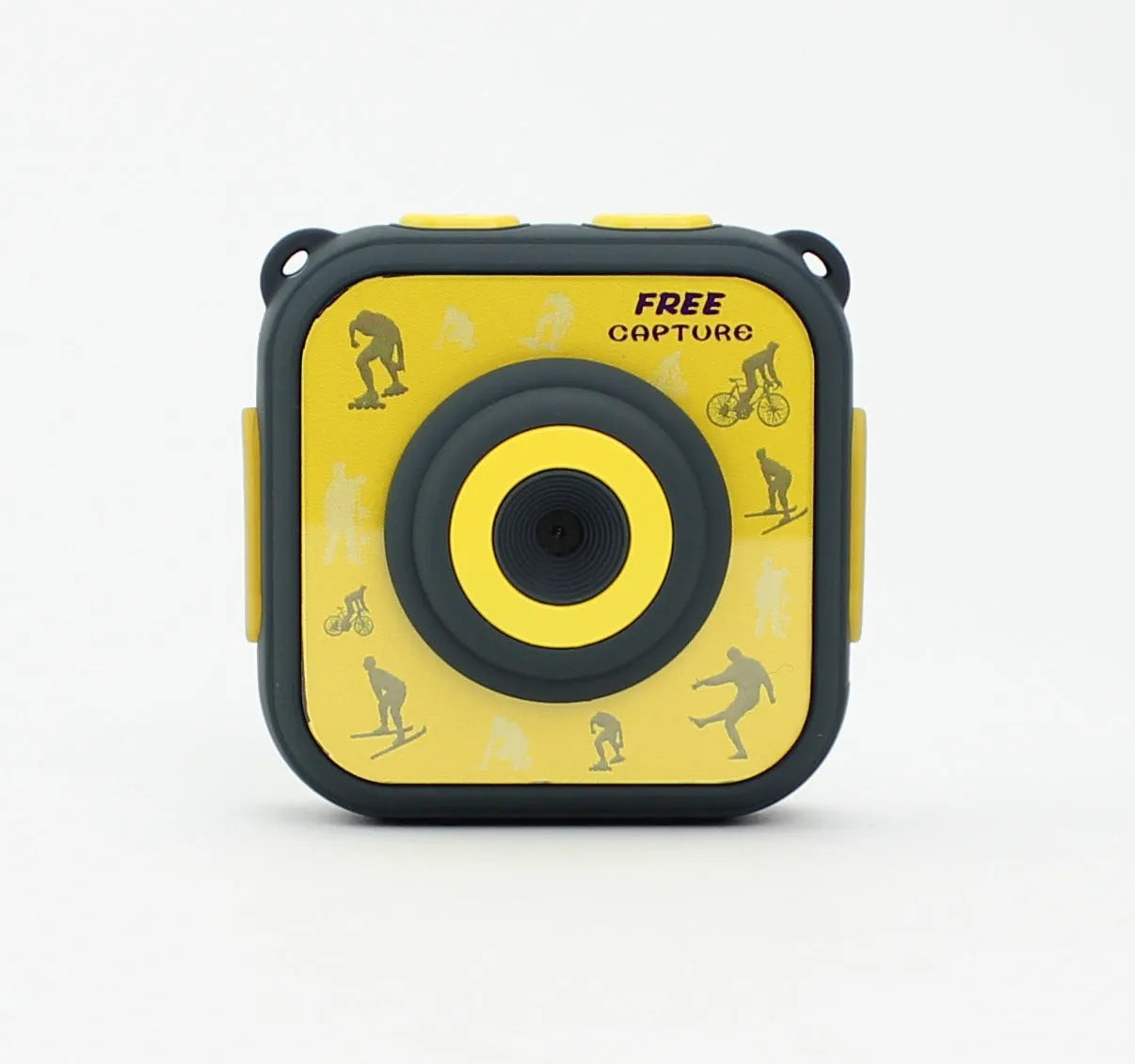 Yellow children's waterproof sports camera with 1.77-inch screen showing dimensions of 60x60x25mm