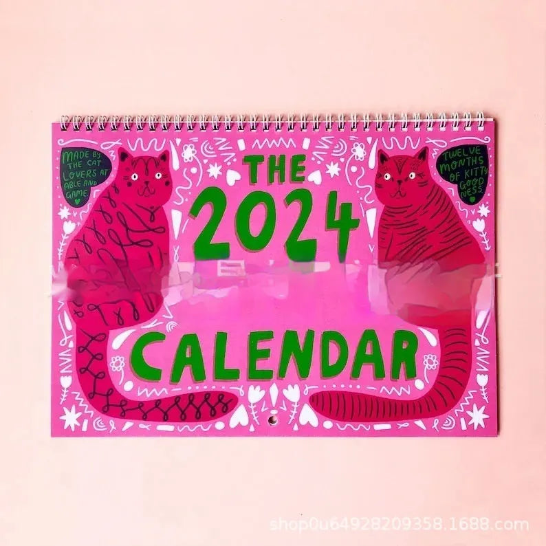 Cat-themed 2024 and 2025 wall desk calendar planner with animal motif printed on paper
