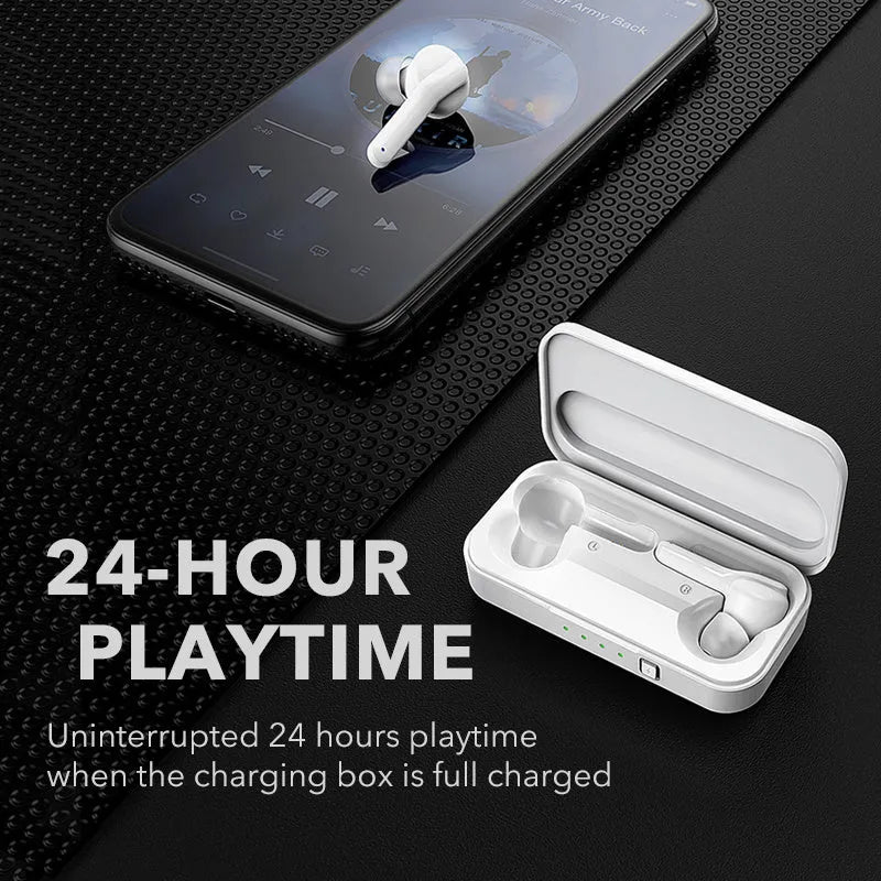 Black and white true wireless earbuds with Bluetooth 5.0 and IPX5 splash resistance.
