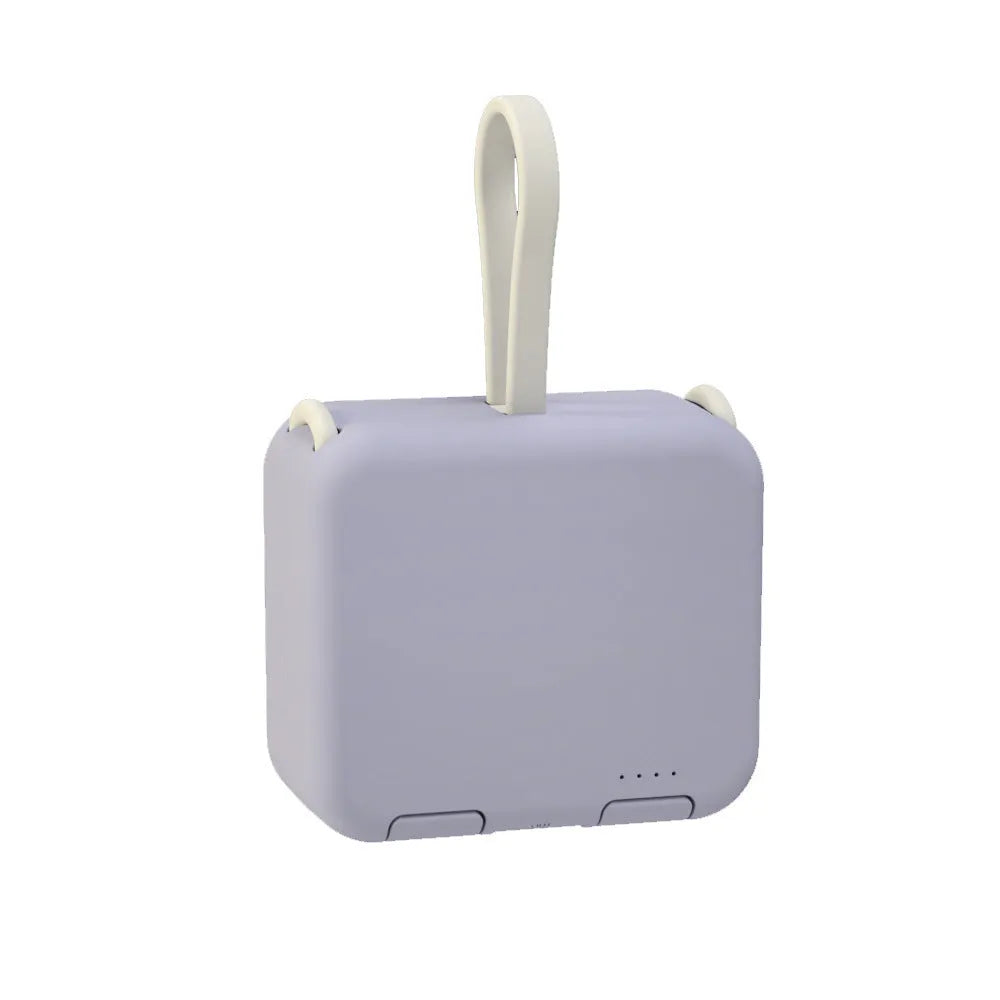 Handbag back clip power bank in blue with built-in phone stand and charging cables
