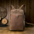 Retro brown leather backpack for men, 20L bucket shape with zipper, laptop pocket and phone pouch.