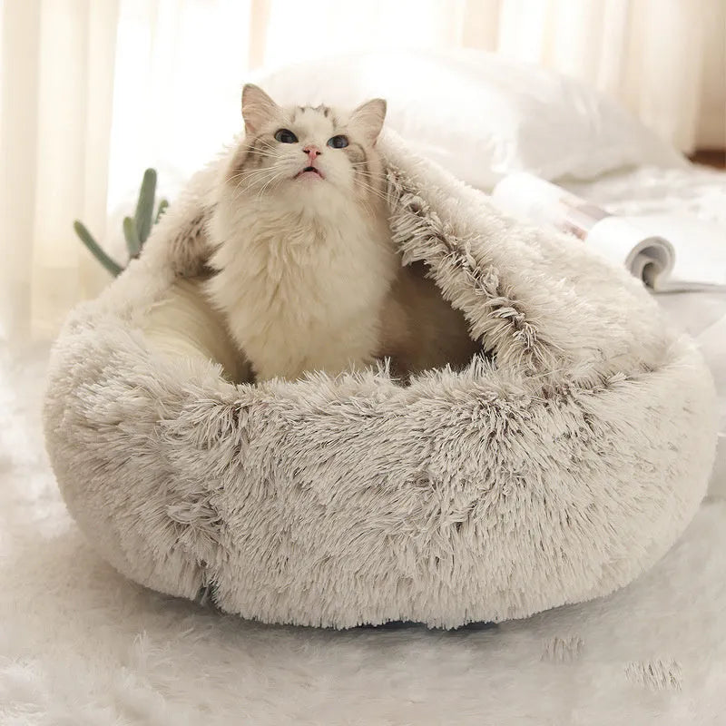 Plush shell pet nest in crystal velvet, round PP cotton cat and dog bed, 50cm diameter, cherry pink colour